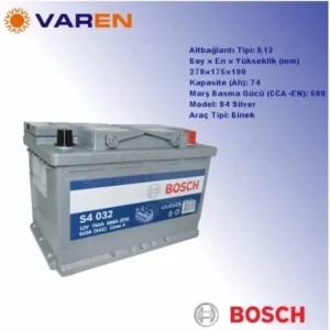 Bosch 12V 74 Ah Akü - 72 Amper Ebadinda Bosch S4 032 12V 74Ah 680A (EN) Akü